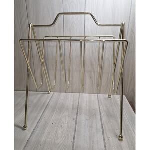 Vintage Brass Magazine Rack Mid Century Modern Newspaper Stand MCM Vinyl Holder